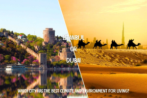 Ein direkter Vergleich zwischen dem saisonalen Klima Istanbuls und dem Wüstenklima Dubais, der die deutlichen Umweltkontraste beider Städte veranschaulicht.