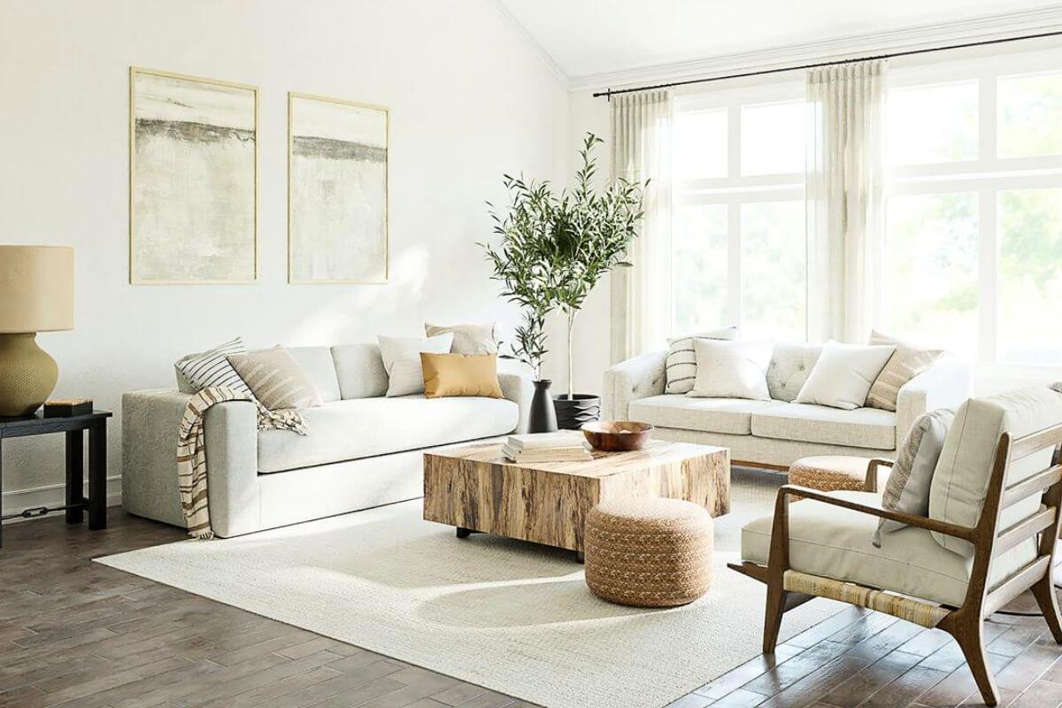 A bright living room where natural sunlight streams through large windows, softened by sheer curtains, creating a fresh and airy spring atmosphere.