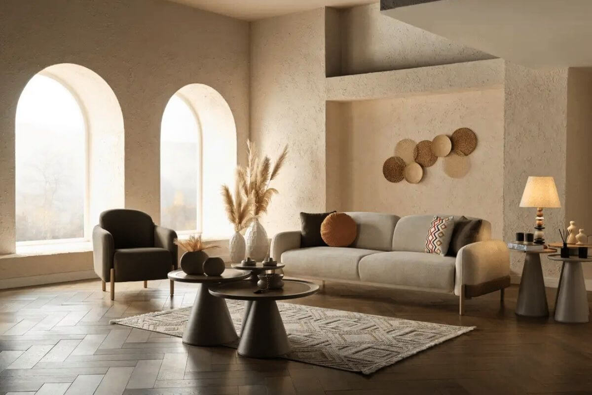 A modern living room featuring colorful pastel cushions, a light-toned sofa, and floral artwork that reflects the cheerful spirit of spring.