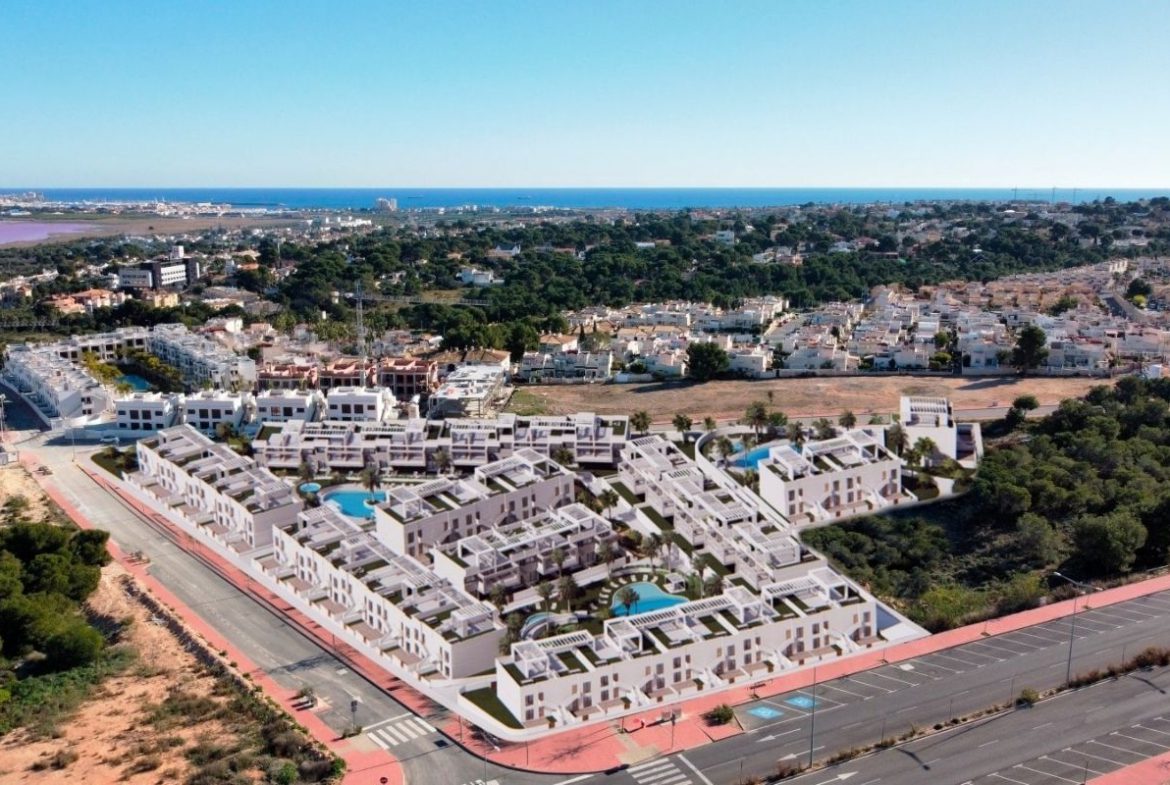 Luxury apartments for sale in Alicante with modern design, spacious interiors, and Mediterranean lifestyle – exterior, interior, and floor plan views