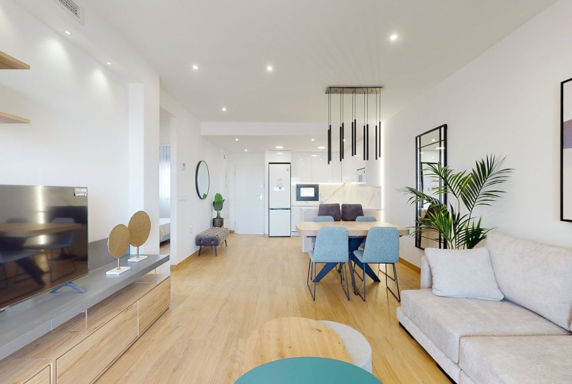 Luxury apartments for sale in Alicante with modern design, spacious interiors, and Mediterranean lifestyle – exterior, interior, and floor plan views
