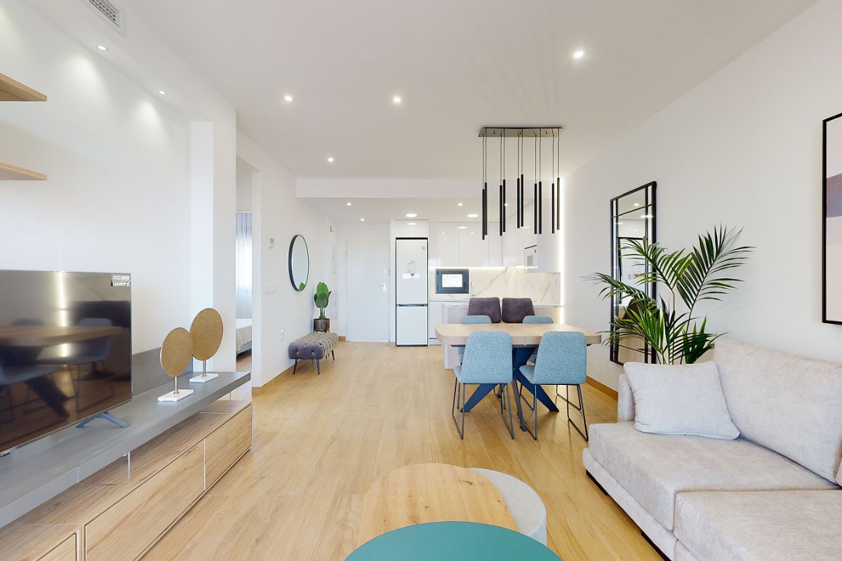 Luxury apartments for sale in Alicante with modern design, spacious interiors, and Mediterranean lifestyle – exterior, interior, and floor plan views