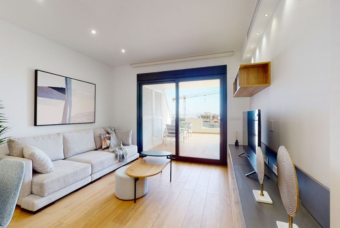 Luxury apartments for sale in Alicante with modern design, spacious interiors, and Mediterranean lifestyle – exterior, interior, and floor plan views