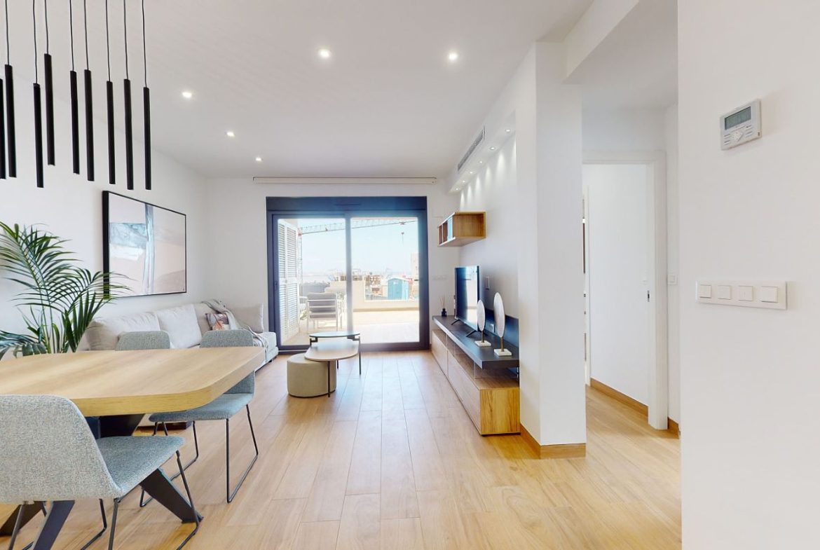Luxury apartments for sale in Alicante with modern design, spacious interiors, and Mediterranean lifestyle – exterior, interior, and floor plan views
