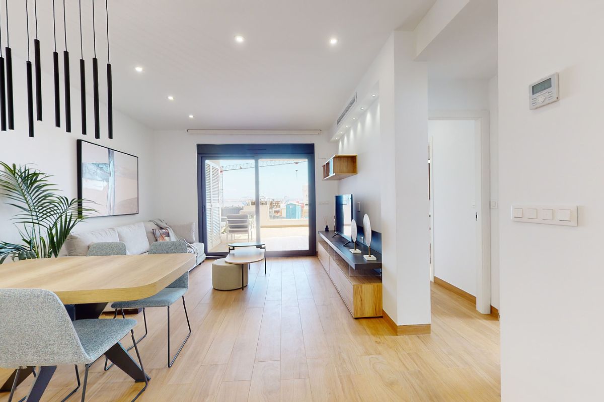 Luxury apartments for sale in Alicante with modern design, spacious interiors, and Mediterranean lifestyle – exterior, interior, and floor plan views