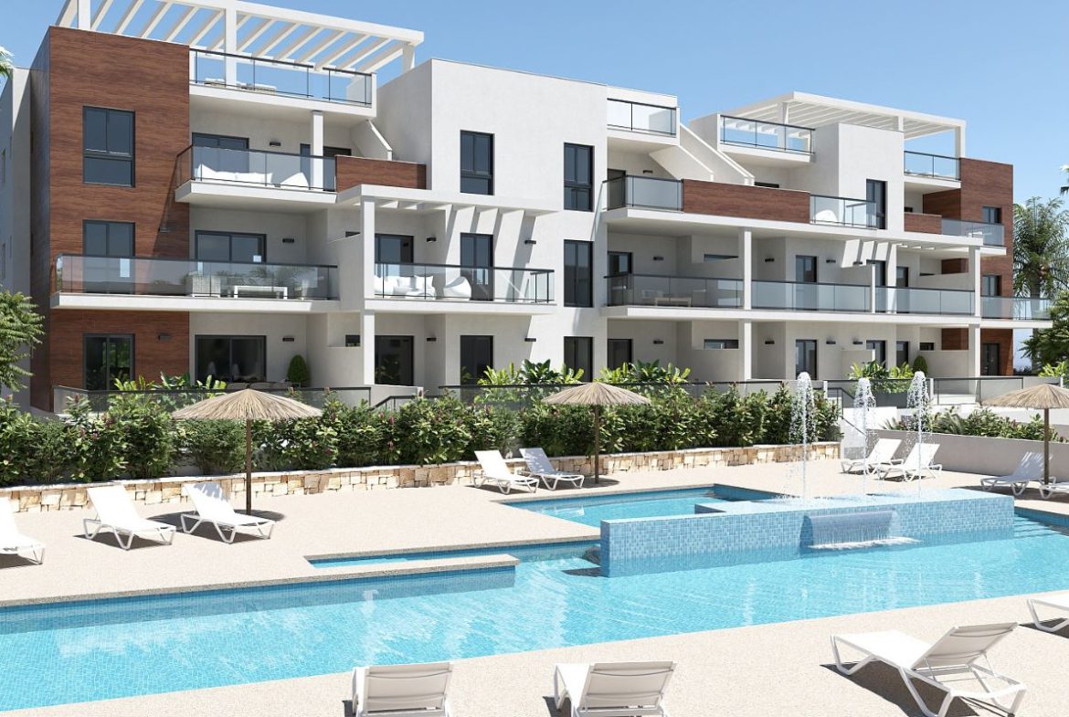 Modern duplex apartments in Alicante with rooftop terraces, garden patios, and beachside living – exterior, interior, and layout views.