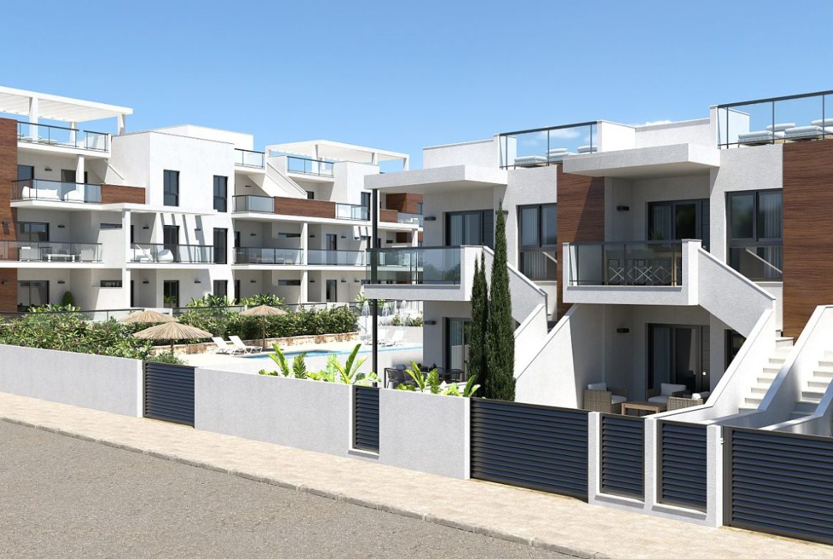 Modern duplex apartments in Alicante with rooftop terraces, garden patios, and beachside living – exterior, interior, and layout views.