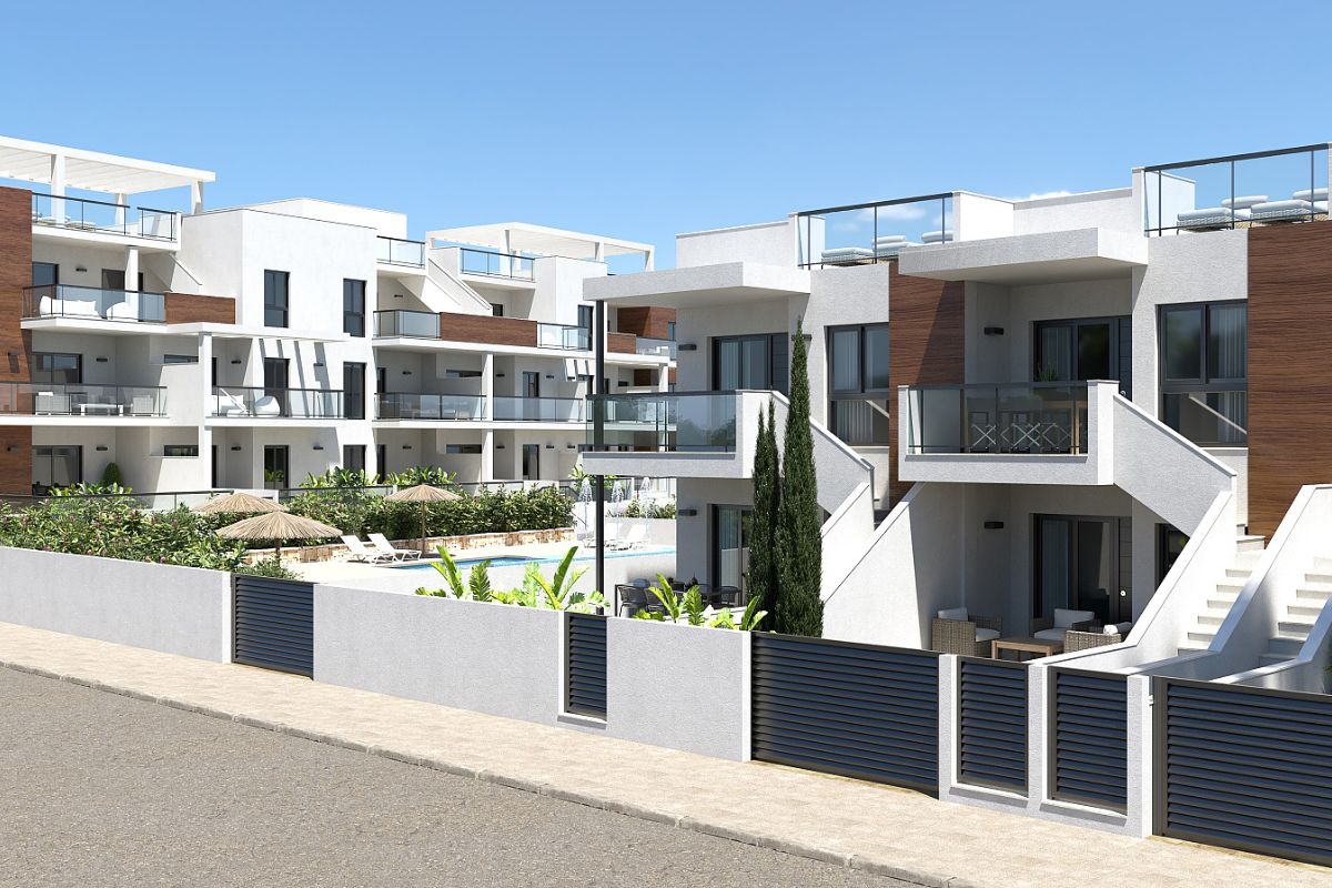 Modern duplex apartments in Alicante with rooftop terraces, garden patios, and beachside living – exterior, interior, and layout views.