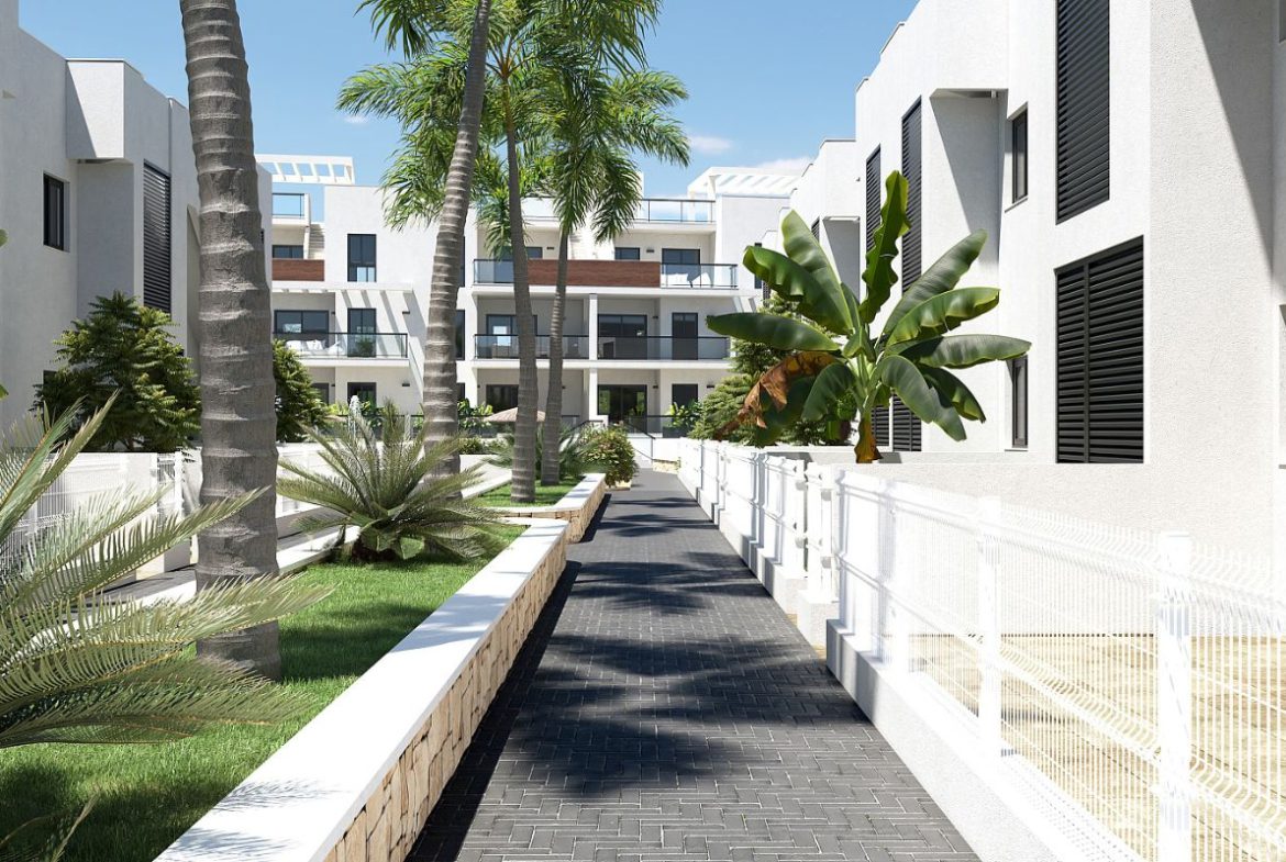Modern duplex apartments in Alicante with rooftop terraces, garden patios, and beachside living – exterior, interior, and layout views.