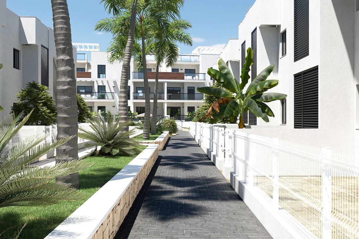 Modern duplex apartments in Alicante with rooftop terraces, garden patios, and beachside living – exterior, interior, and layout views.