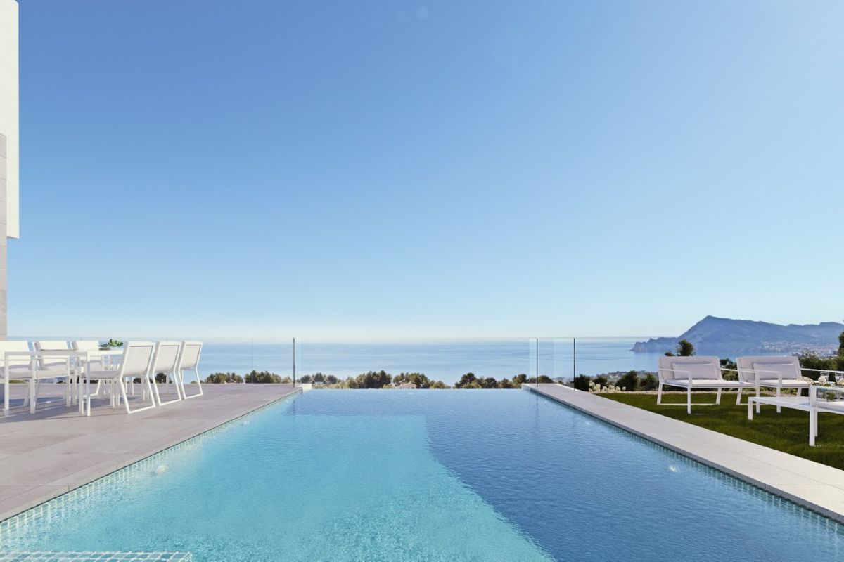 Contemporary sea view villas for sale in Alicante with infinity pools, rooftop terraces, and natural surroundings – interior, exterior, and layout views.