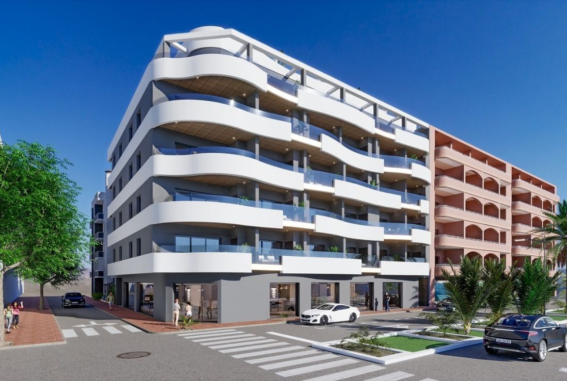 Contemporary beachside apartments for sale in Spain, just 100 meters from the Mediterranean, with modern design, balconies, and excellent location.