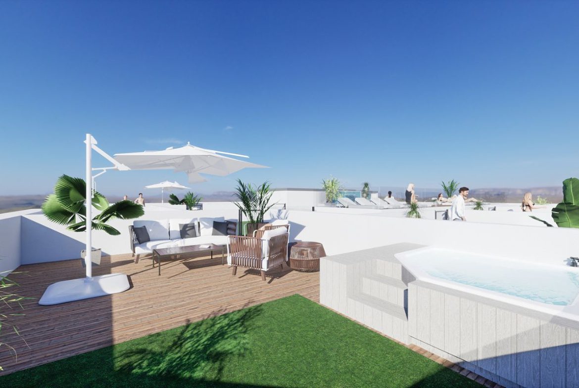 Contemporary beachside apartments for sale in Spain, just 100 meters from the Mediterranean, with modern design, balconies, and excellent location.