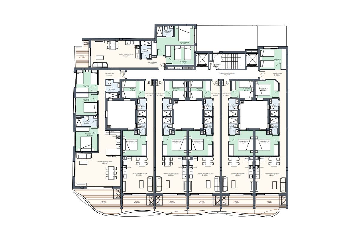 Contemporary beachside apartments for sale in Spain, just 100 meters from the Mediterranean, with modern design, balconies, and excellent location.