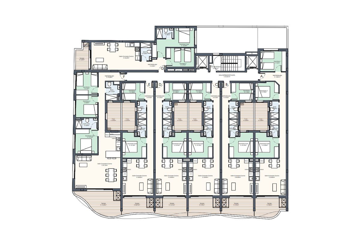 Contemporary beachside apartments for sale in Spain, just 100 meters from the Mediterranean, with modern design, balconies, and excellent location.