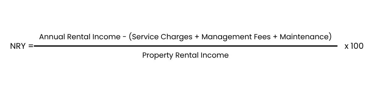 Dubai Net Rental Yield formula showing annual rental income minus service charges, management fees, and maintenance divided by property purchase price multiplied by 100
