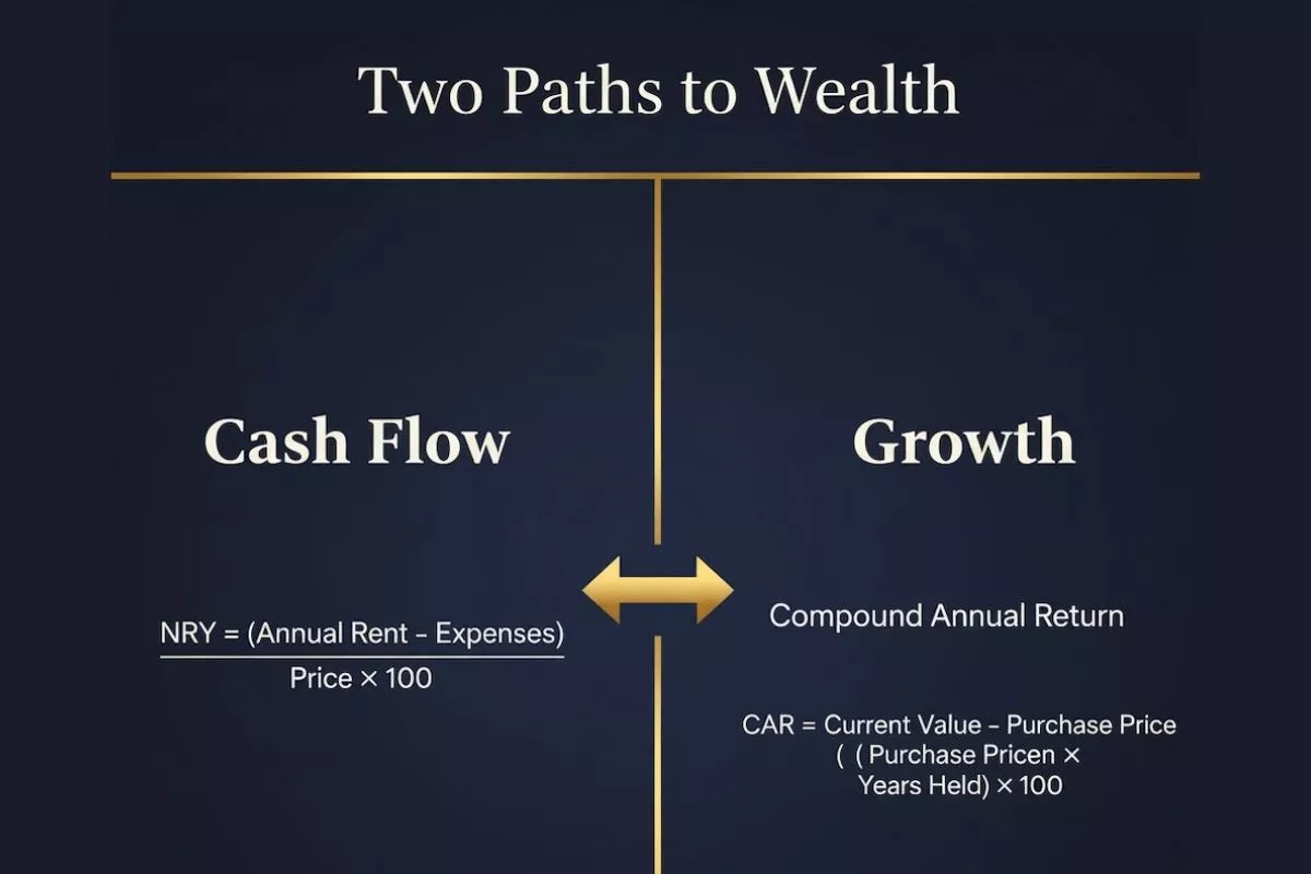 Visual chart explaining Dubai property investment metrics for cash flow and capital growth