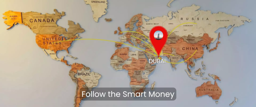 Global capital and real estate investments flowing toward Dubai’s skyline with Burj Khalifa at the center.